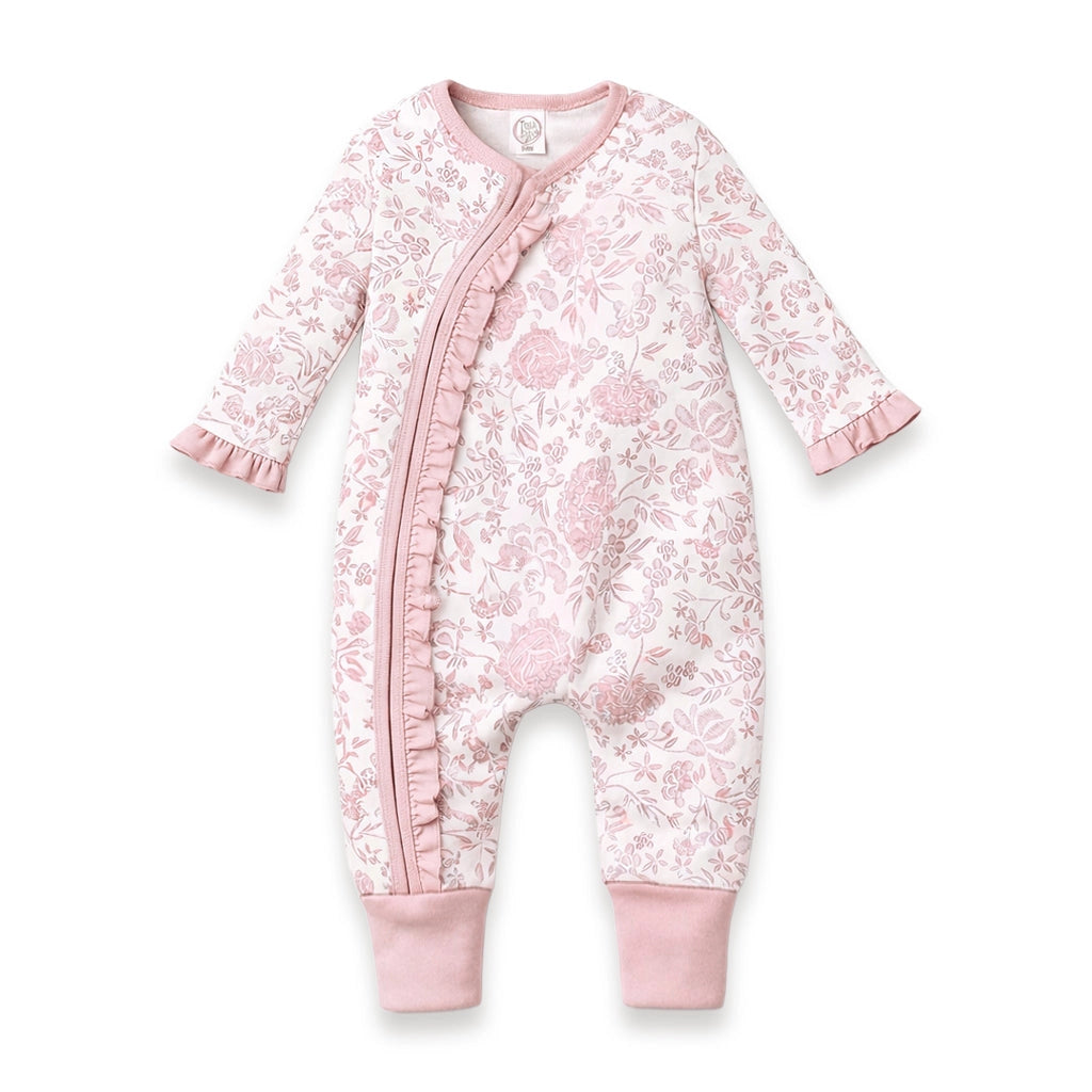 Floral Baby Zipper Romper Dusty Pink Ruffles