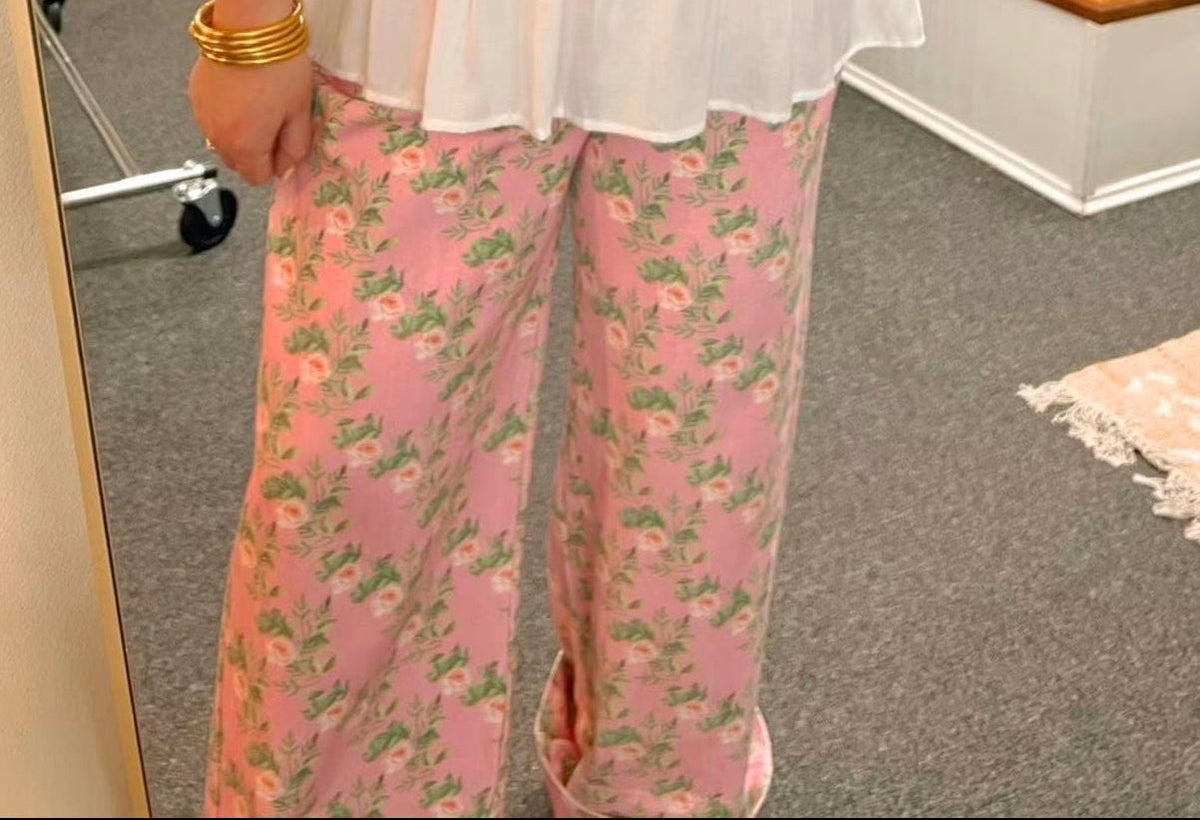 Pink Floral Wide Leg Jeans