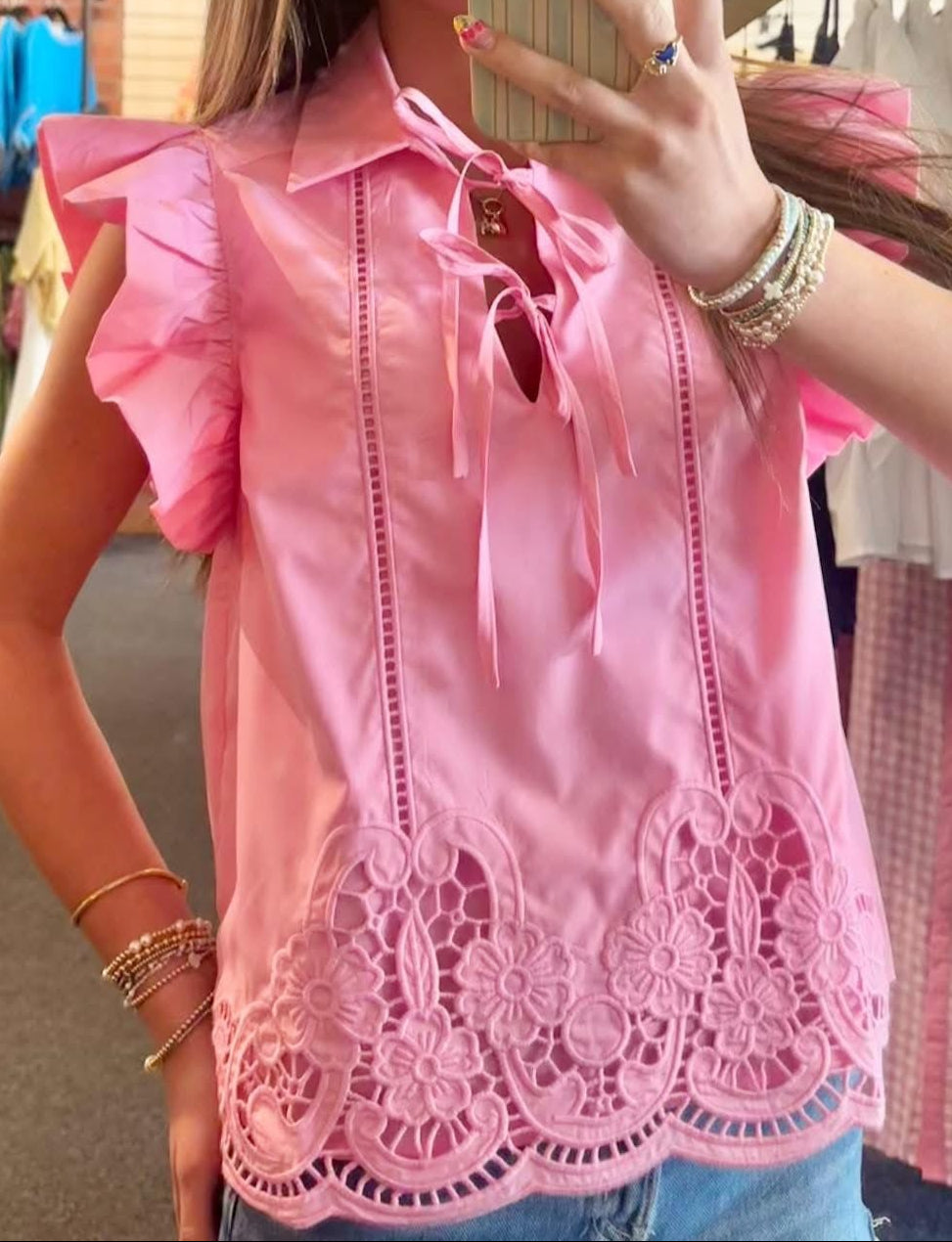 Brynlee Pink Scallop Lace Hem Top