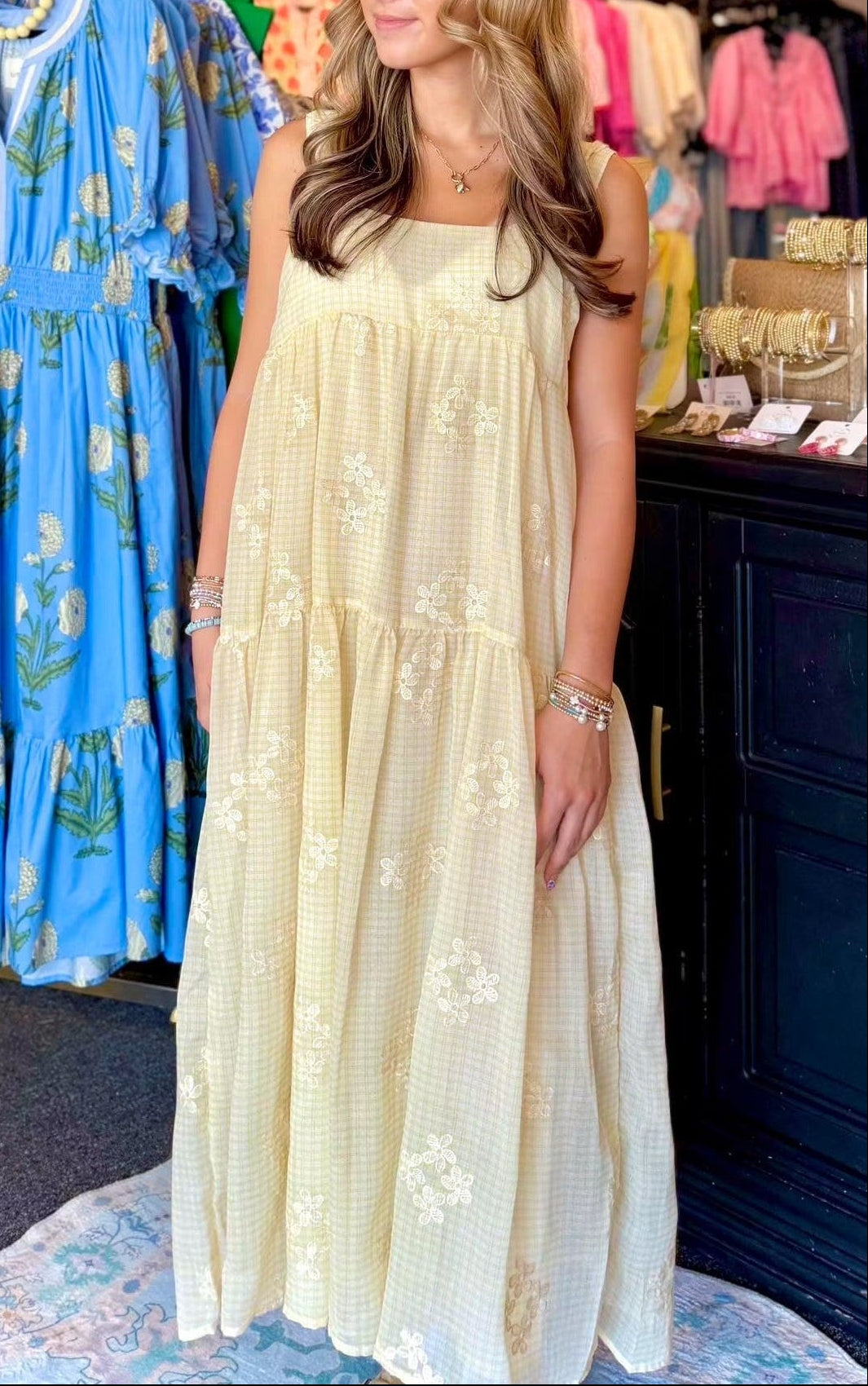 Gabriella Yellow Gingham Floral Midi