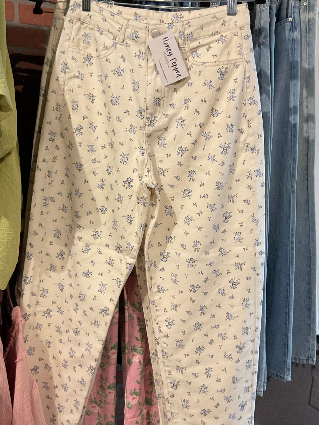 Blue Floral Ivory Barrel Jeans