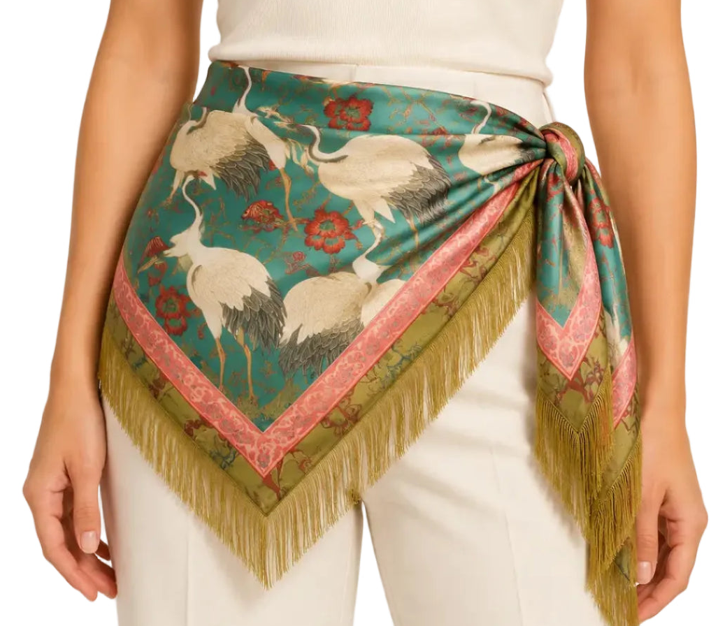 Golden Crane Fringe Scarf