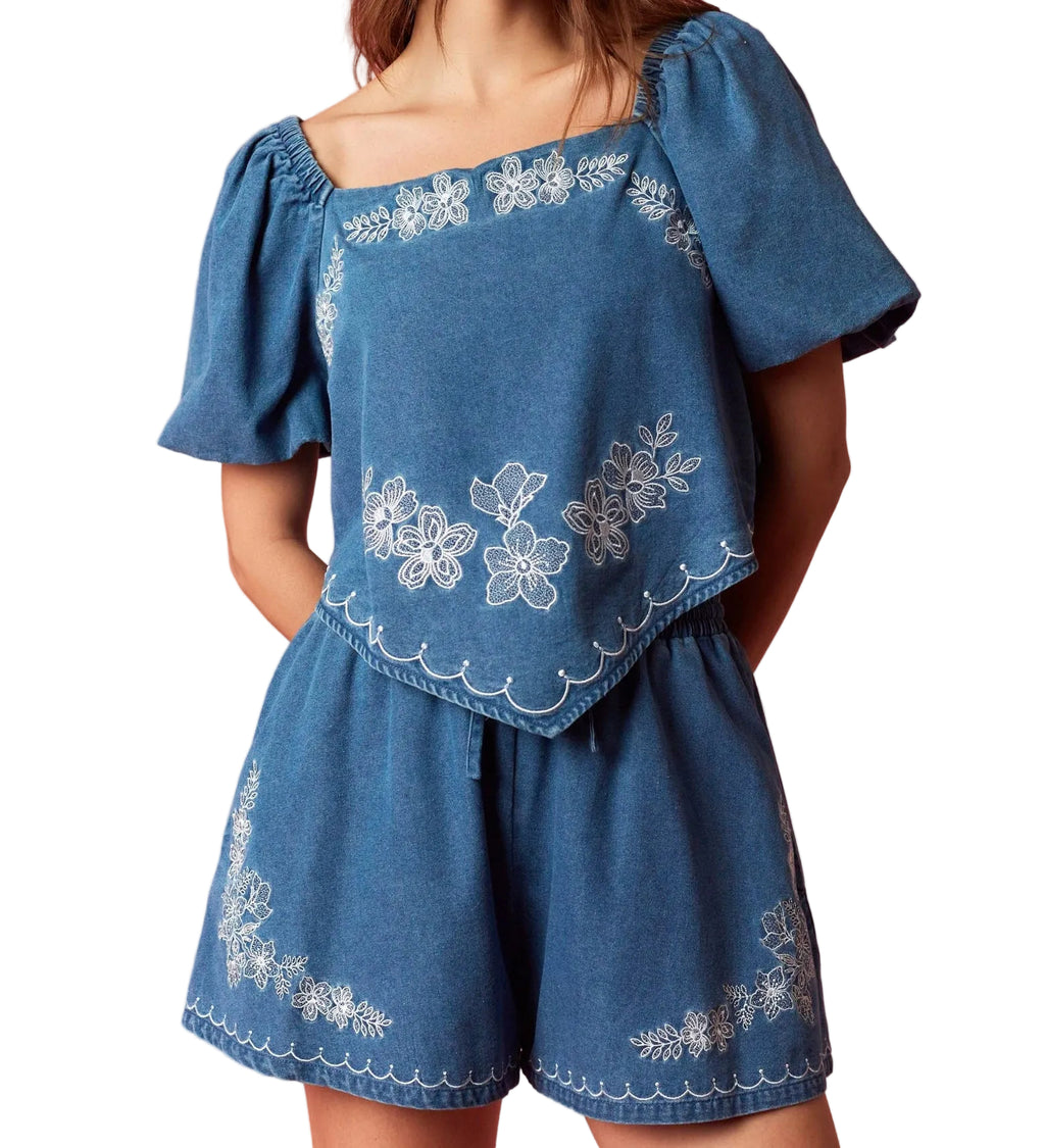 Emily Floral Embroidered Denim Top