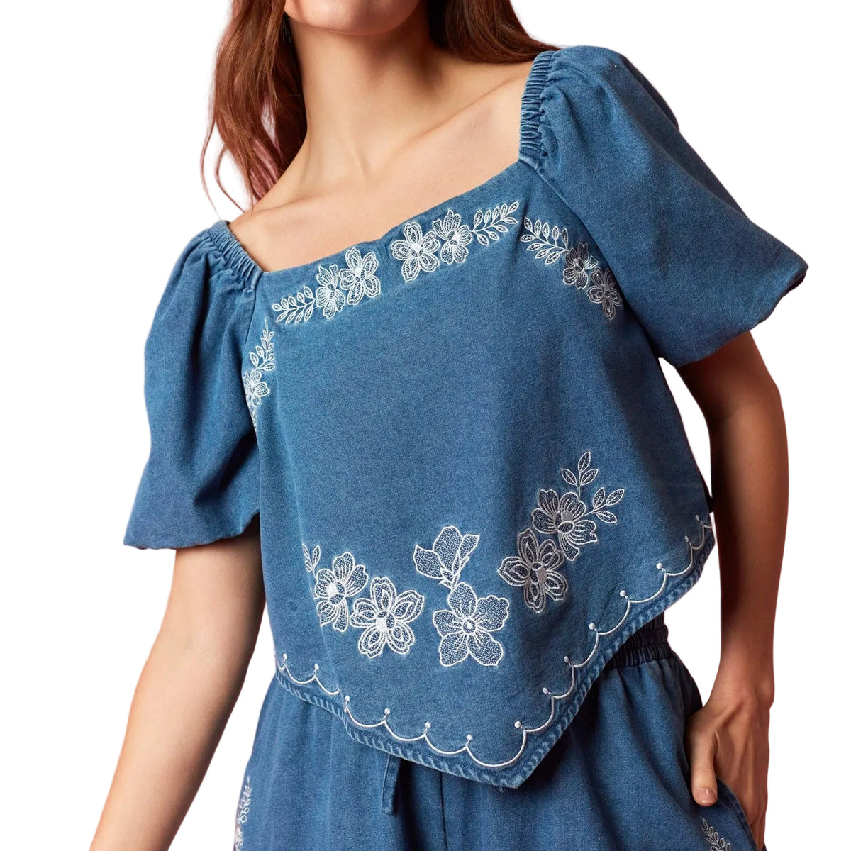 Emily Floral Embroidered Denim Top
